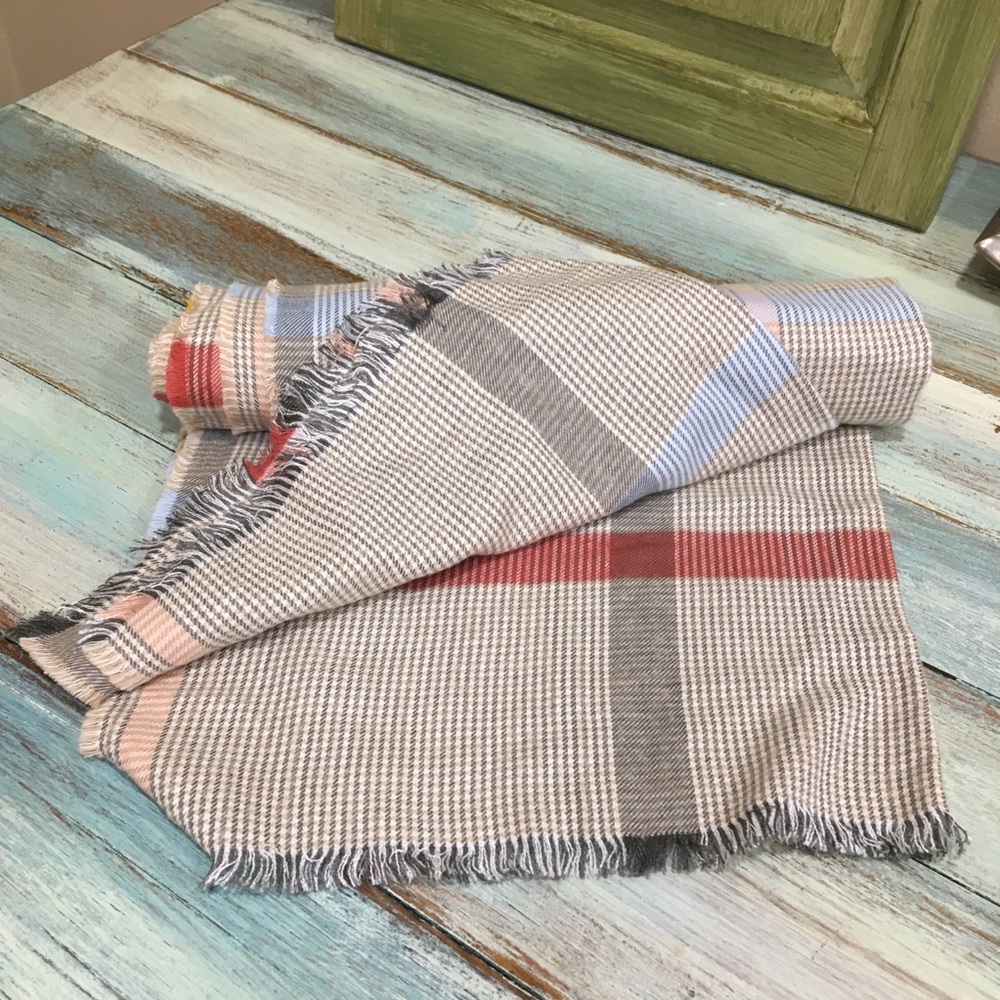 Talbots NWOT Wide Plaid Scarf with Fringe in Red and Gray Preppy